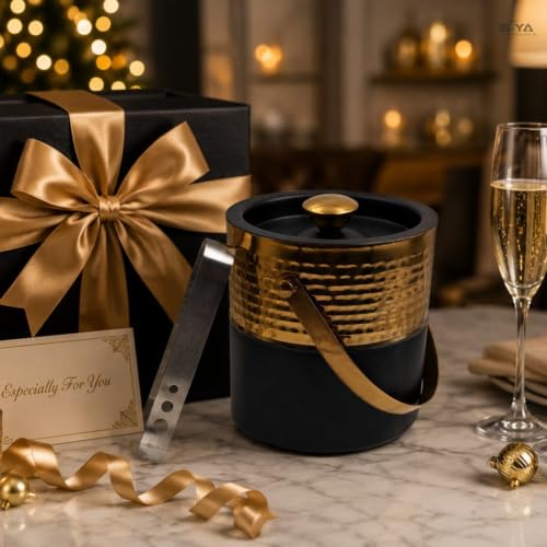 Premium Double Wall Ice Bucket with Lid & Tong, 1 Litre | Insulated Ice Holder with Hammered Gold Finish & Matte Black Base | for Bar, Home, Parties & Gifting